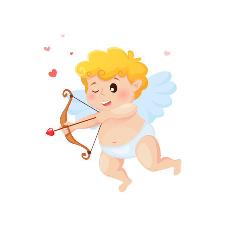 Cute cartoon Cupid with bow, arrow of love and hearts. Illustration for a Valentine's Dayのイラスト素材