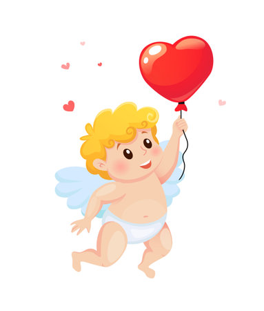 Cute cartoon Cupid with balloon in heart shape. Illustration for a Valentine's Dayのイラスト素材