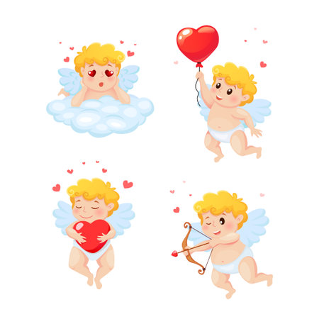 Set of cute cartoon Cupids. Illustration for a Valentine's Dayのイラスト素材