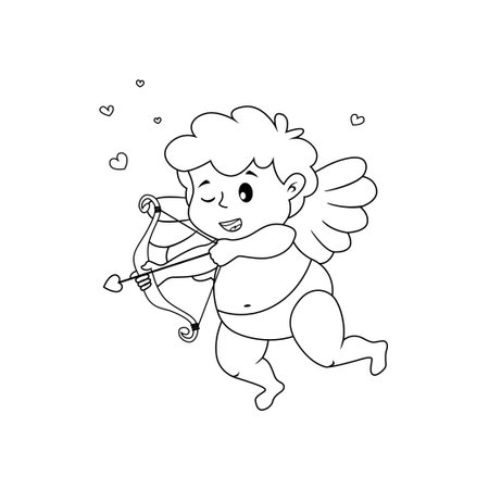 Cute cartoon Cupid with bow, arrow of love and hearts. Illustration for a Valentine's Day. Black and white vector illustration for coloring bookのイラスト素材
