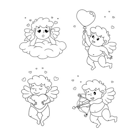 Set of cute cartoon Cupids. Illustration for a Valentine's Day. Black and white vector illustration for coloring bookのイラスト素材