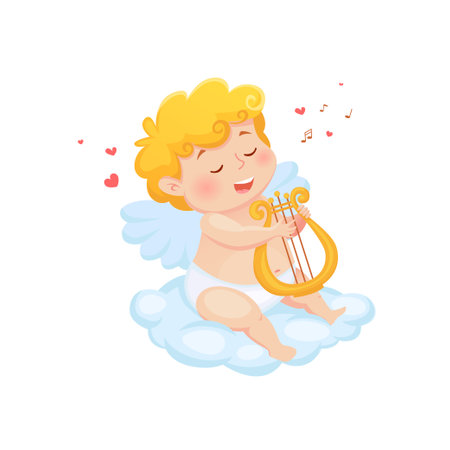 Cute cartoon Cupid plays the lyre. Illustration for a Valentine's Dayのイラスト素材