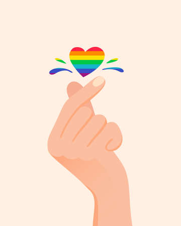 Korean symbol of love. Hand make heart sign with LGBT rainbow color. Pride conceptのイラスト素材