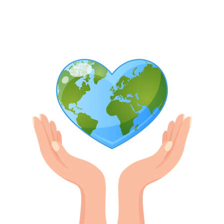 Hands holding Earth in heart shape. Save our planet. World Environment day or Earth day conceptのイラスト素材