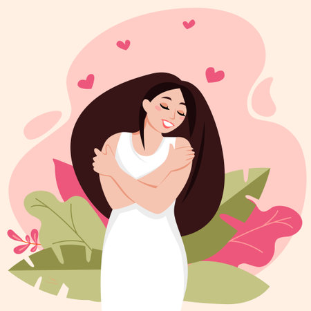 Love yourself. Love your body. Girl hugging yourself. Psychological and physical woman health. Relaxationのイラスト素材