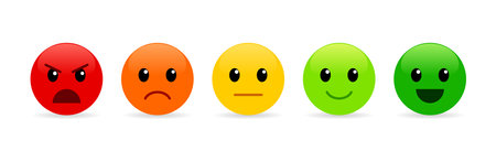 Rating of customer service satisfaction. Feedback concept. Quality control. Colored emoji from good to bad. Vector illustration isolated on white backgroundのイラスト素材