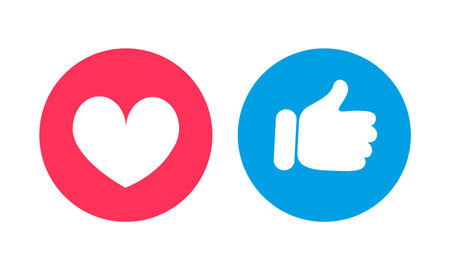 Thumb up and heart icon in flat style. Like and love buttons for website or mobile app. Social media icons. Vector illustration isolated on white backgroundのイラスト素材