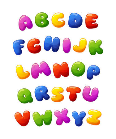 Cute cartoon glossy colorful alphabet. Vector font for kids isolated on white backgroundのイラスト素材