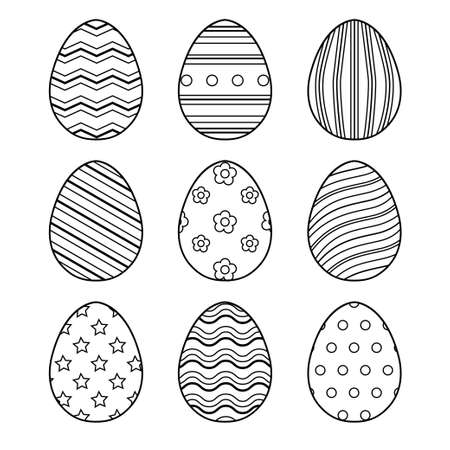 Set of Easter eggs with different texture. Happy easter. Black and white vector Illustration isolatedのイラスト素材