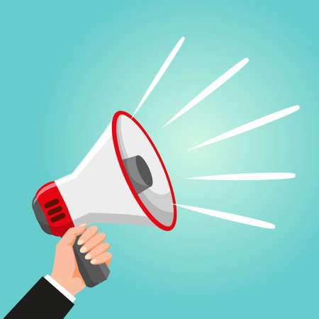 Hand holding megaphone. Vector illustration in flat styleのイラスト素材
