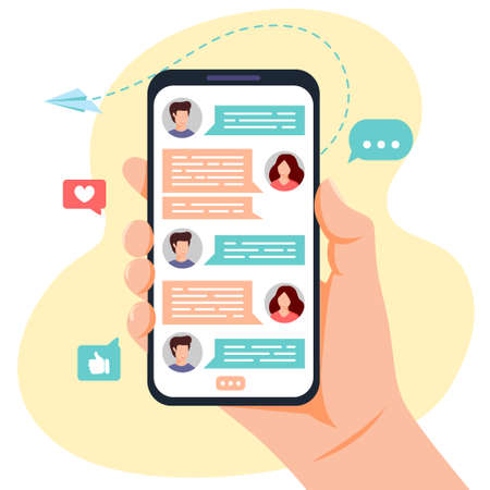 Hand holding phone with messages on screen. Chatting with friends in mobile application. Communication concept. Vector illustrationのイラスト素材