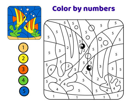 Fish in the underwater world. Color by numbers. Black and white vector illustration for coloring book with color exampleのイラスト素材
