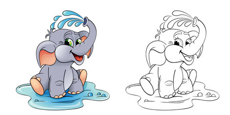 Cartoon elephant which pours himself with water. Color and black white vector illustration for coloring bookのイラスト素材