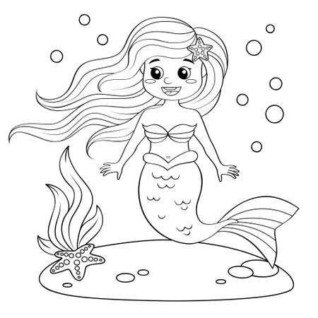 Cute little mermaid. Black and white illustration for coloring bookのイラスト素材