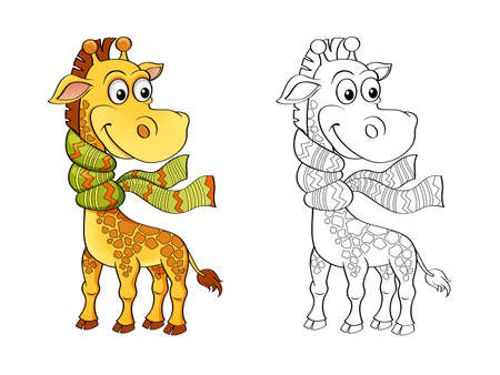 Giraffe with scarf. Color and black white vector illustration for coloring bookのイラスト素材