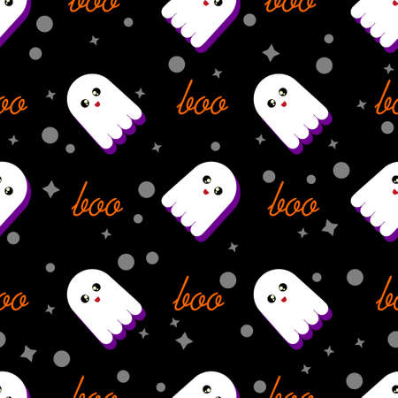 Halloween seamless pattern with ghosts on black background. Vector illustrationのイラスト素材