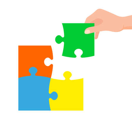 Hand connecting jigsaw puzzle. Business concept. Symbol of teamwork, cooperation, partnershipのイラスト素材