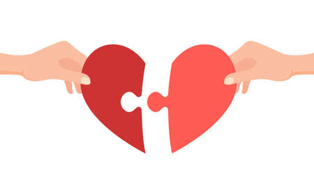Hands connecting jigsaw puzzle in heart form. Love conceptのイラスト素材