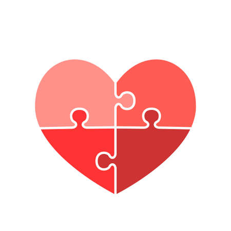 Jigsaw icon in heart form. Four puzzle pieces connected together. Love concept. Vector illustration on white backgroundのイラスト素材