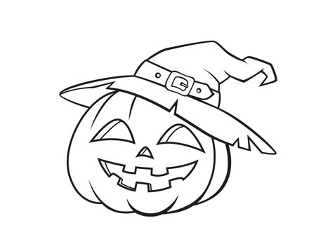 Halloween Pumpkin in witch hat. Black and white illustration for coloring bookのイラスト素材