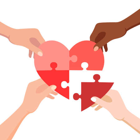 Hands connecting jigsaw puzzle in heart form. Concept of love, volunteering, charity and donationのイラスト素材