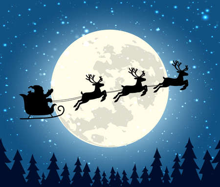 Silhouette Santa Claus rides a sleigh with reindeer on Christmas night backgroundのイラスト素材