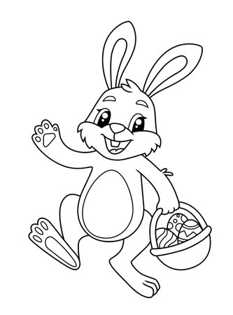 Easter Bunny holding basket with Easter eggs. Black and white vector illustration for coloring bookのイラスト素材