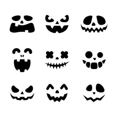 Set of Halloween pumpkins carved faces. Black silhouettes. Vector illustration isolated on white backgroundのイラスト素材
