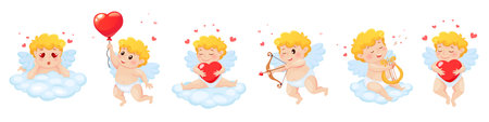 Set of cute cartoon Cupids in different poses. Illustration for a Valentine's Dayのイラスト素材