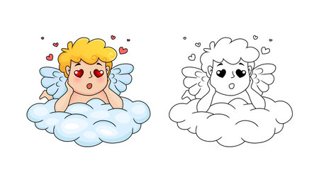 Cute cartoon Cupid in love dreaming on cloud. Illustration for a Valentine's Day. Black and white vector illustration for coloring book with example in colorのイラスト素材
