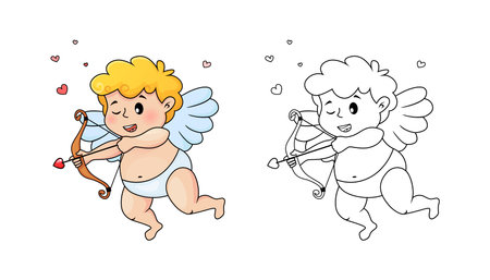 Cute cartoon Cupid with bow, arrow of love and hearts. Illustration for a Valentine's Day. Black and white vector illustration for coloring book with example in colorのイラスト素材