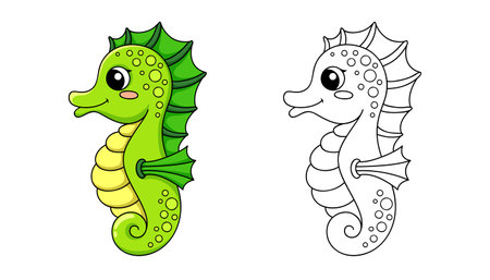 Cute cartoon seahorse. Black and white vector illustration for coloring bookのイラスト素材
