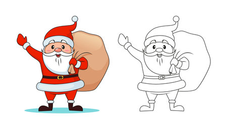 Santa claus with Christmas gifts bag. Merry Christmas and Happy New Year. Black and white vector illustration for coloring book with example in colorのイラスト素材