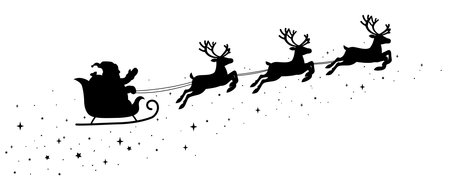 Silhouette Santa Claus rides a sleigh with reindeer on white background. Merry Christmas and Happy New Yearのイラスト素材