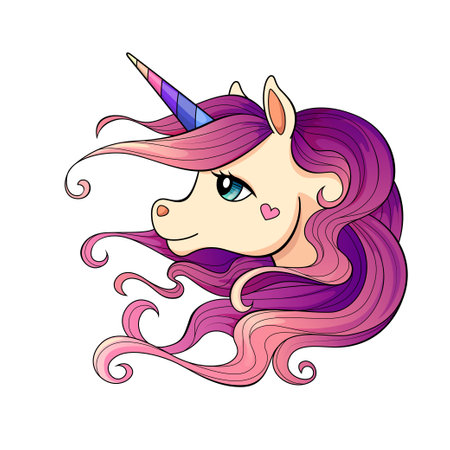 Cute cartoon unicorn head with long multicolor mane and rainbow horn. Vector illustrations isolated on white backgroundのイラスト素材