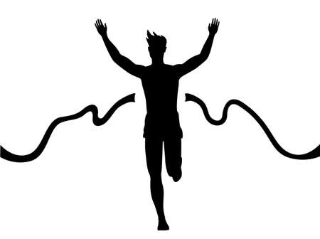 Silhouette of a man running thru the finish lineのイラスト素材