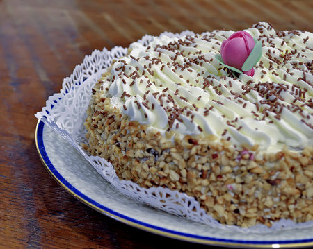 closeup of a Chantilly cream cake