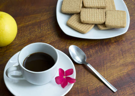 breakfast set with espresso, grapefruit and cookiesの写真素材
