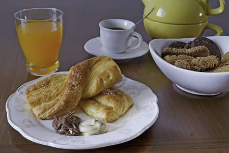 breakfast set on a wooden tableの写真素材