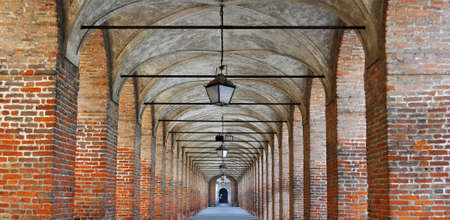 perspective view of a red bricks colonnadeの写真素材