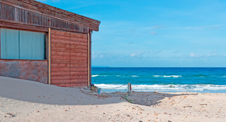 wooden building at the beach under a blue skyの写真素材