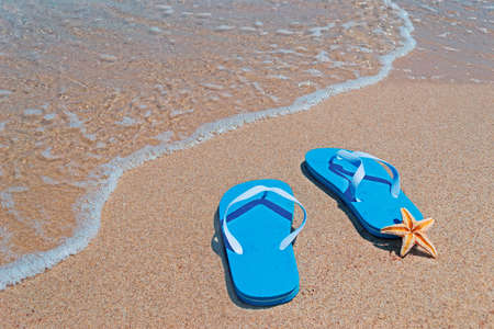 flip-flops and sea star by the shoreの写真素材