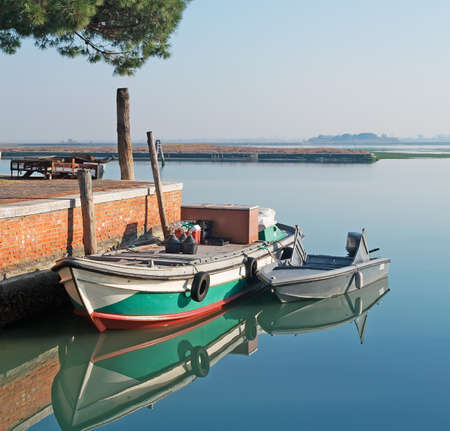 boats and trees reflected in Venice lagoonの写真素材