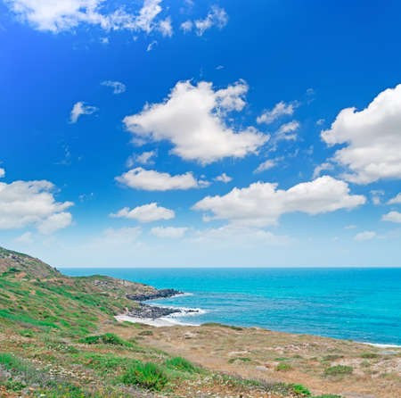 San Giovanni di Sinis coastline on a cloudy dayの写真素材