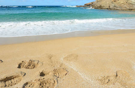footsteps by a golden shoreの写真素材