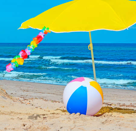 hawaiian necklace fluttering over a beach ballの写真素材