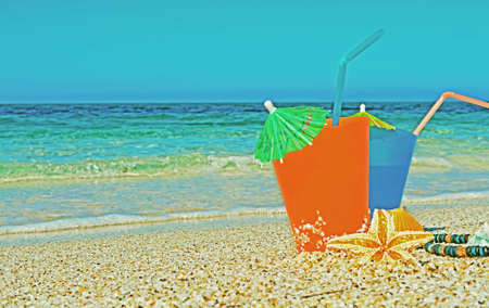 blue and orange drinks in vintage toneの写真素材