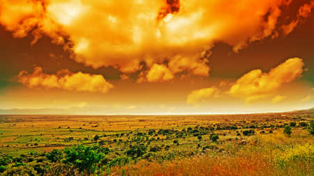 huge clouds over a green field at duskの写真素材
