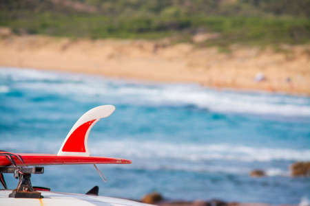 red surfboard on a car roof by the shoreの写真素材