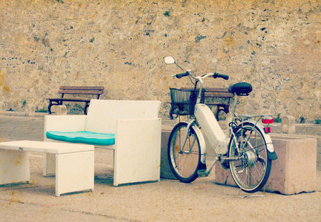 bike and couch in vintage tone